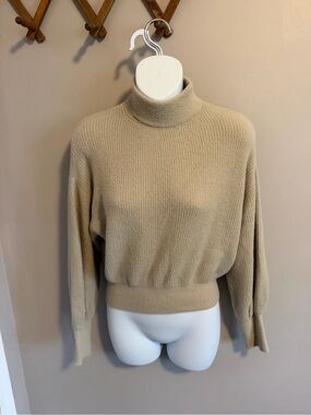 Pull & Bear Beige Ribbed Mock Neck Cropped Balloon Sleeve Neutral Sweater S